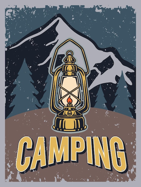 cartel de camping de estilo vintage o plantilla de volante con fondo de montaña