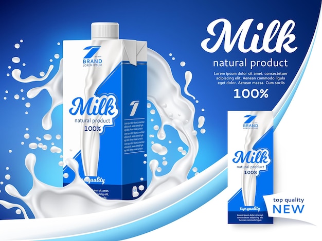Cartel de cartón con bebida pasteurizada diseño de envases de productos lácteos blancos salpicaduras y ondas colores azul y blanco concepto de vector de banner de marketing