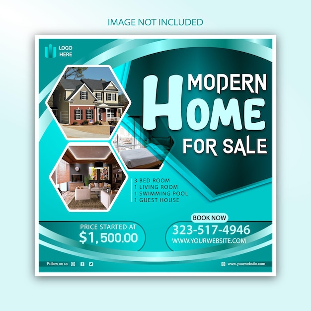 Un cartel para una casa en venta con una foto de una casa y una foto de una casa.