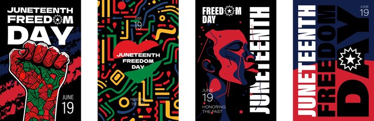 El cartel de la celebración del 19 de junio con la herencia afroamericana levantó el puño con la bandera del 20 de junio y
