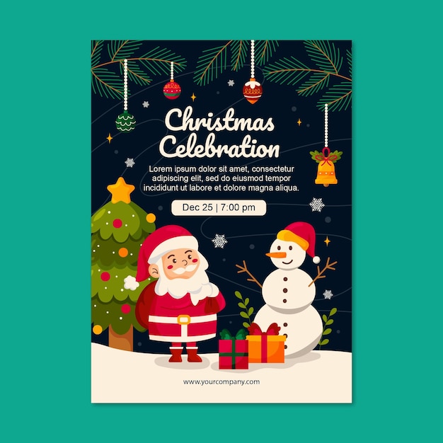 Cartel Celebración vertical de Navidad con ilustración de Papá Noel y muñeco de nieve Vector