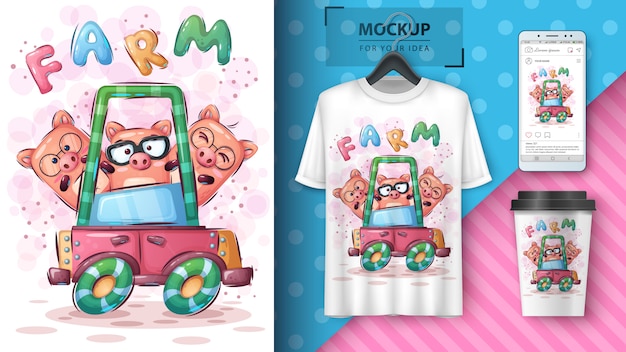 Cartel de cerdo divertido y merchandising