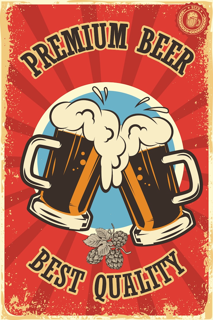 Vector cartel de cerveza en estilo retro. objetos de cerveza sobre fondo grunge. elemento para tarjeta, volante, banner, impresión, menú. ilustración