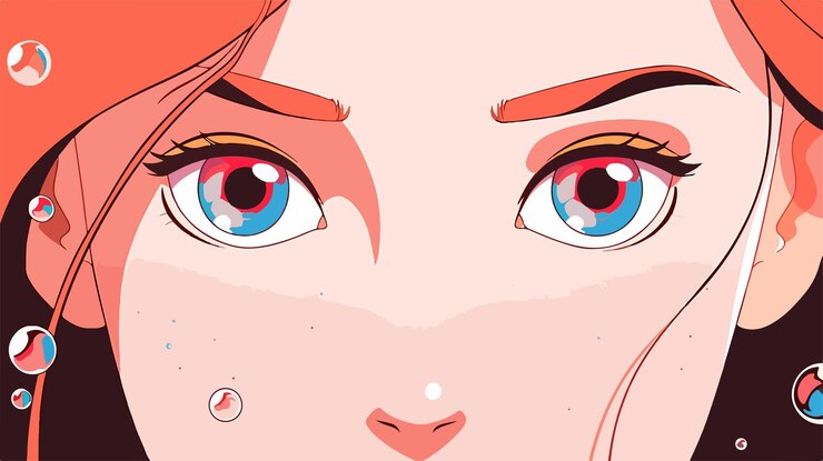 Vector un cartel para una chica con ojos rojos y un clip de cabello rojo en su cara