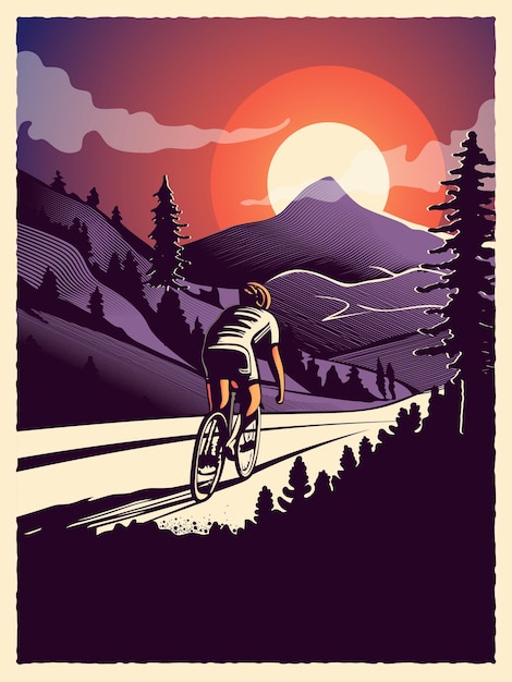 Cartel de ciclismo de estilo vintage con ciclista en acción en el fondo de la montaña