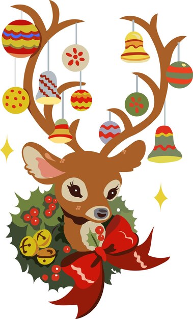 cartel para un ciervo con un árbol de Navidad y una ilustración vectorial de caña de caramelo