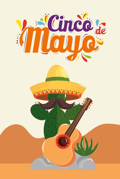 Cartel del cinco de mayo con cactus y guitarra