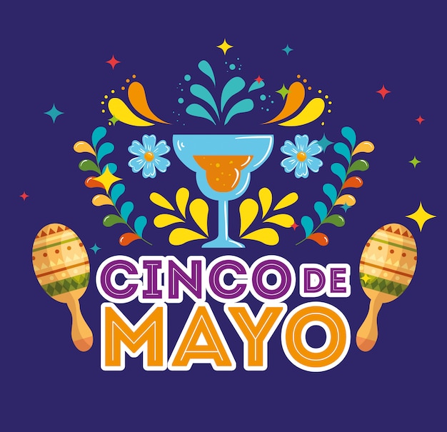 Cartel del cinco de mayo con cóctel y adornos.