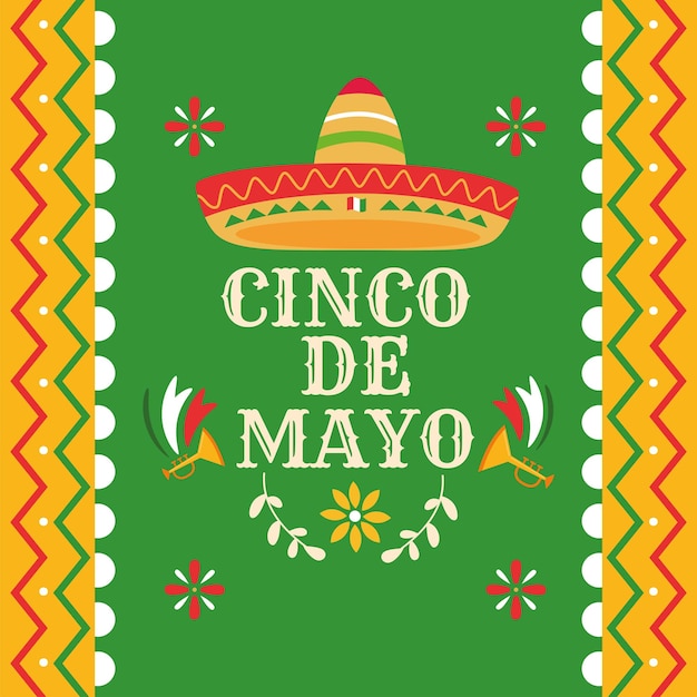 Vector cartel de cinco de mayo de colores con sombrero mexicano y trompetas vector