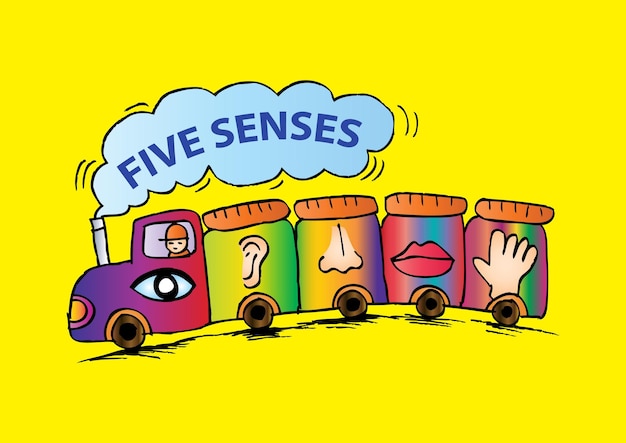 Vector cartel de cinco sentidos de dibujos animados con tren