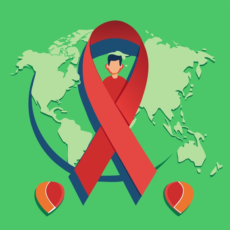 Vector un cartel con una cinta roja y una mujer con un sombrero azul con una cinta rojiza a su alrededor