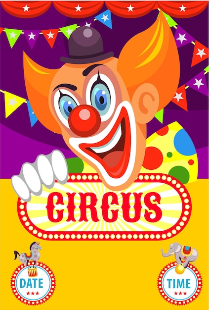 Vector cartel de circo. payaso feliz te invita al circo