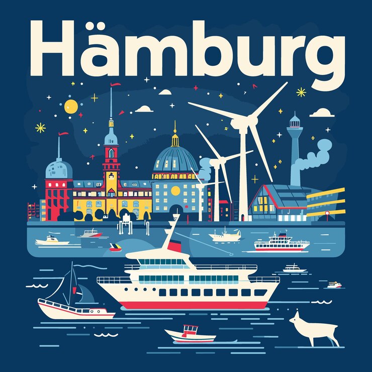 Vector un cartel de una ciudad con un barco y un ciervo en el agua