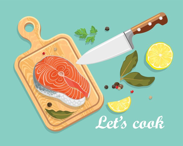 Vector cartel de cocina con cuchillo para cortar filete de salmón y especias