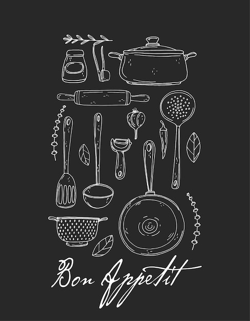 Cartel de cocina con especias de utensilios de cocina dibujados a mano y letras en una pizarra Buen provecho