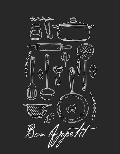 Vector cartel de cocina con especias de utensilios de cocina dibujados a mano y letras en una pizarra buen provecho