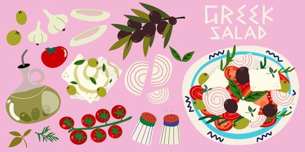 Cartel de cocina griega ensalada tradicional griega con rebanadas de queso feta tomates aceitunas cebolla