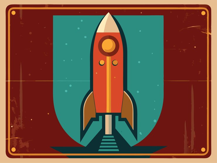Vector un cartel para un cohete con un fondo azul y un fondo rojo con una estrella en la parte inferior