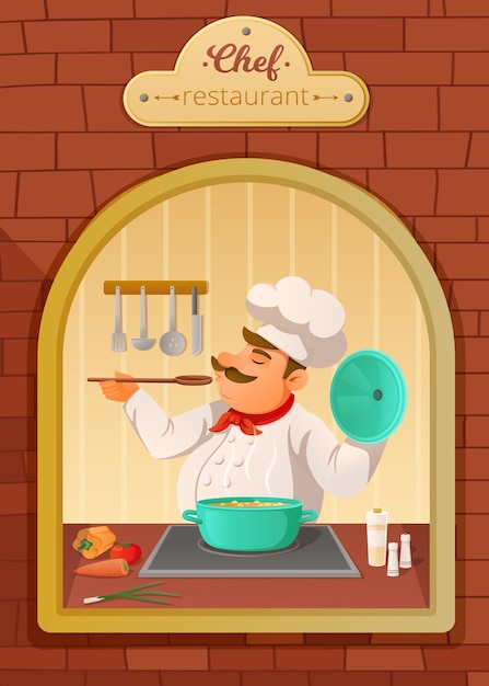 Cartel de color de cocina profesional con sopa de degustación de personaje de chef en la ilustración de vector de dibujos animados de cocina de restaurante