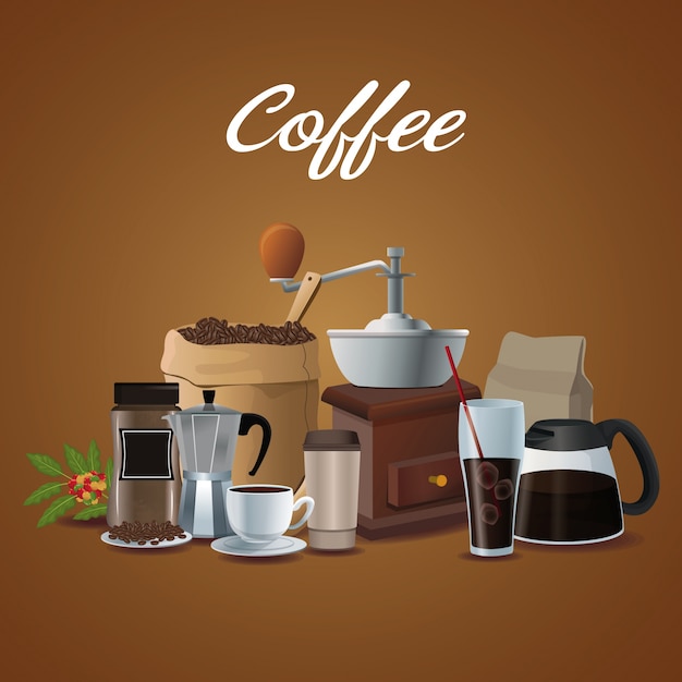 cartel de color de elementos de preparación de café y contenedor para el envasado