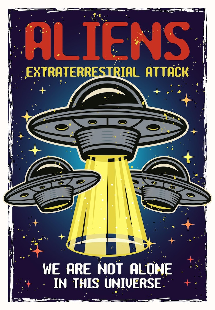 Vector cartel de color ovni con texturas y texto ataque extraterrestre extraterrestres. ilustración vectorial