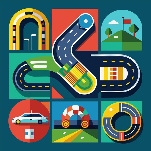 un cartel colorido con coches y un camino con un camino y coches en él