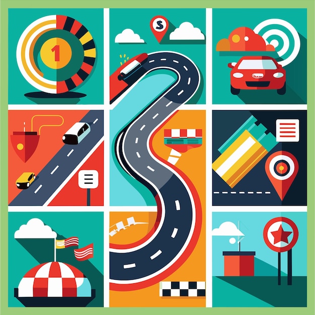 un cartel colorido con coches y una carretera con el número 3 en él