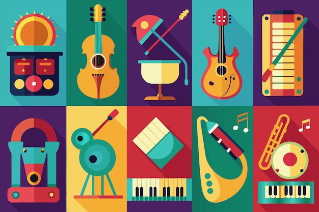 un cartel colorido con un fondo colorido con una imagen colorida de una guitarra y una guitarra