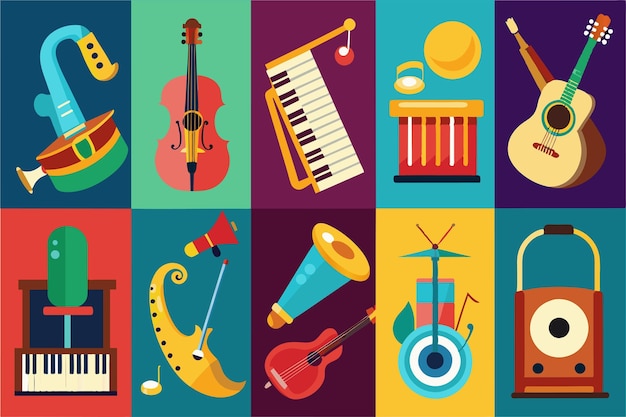 un cartel colorido con un instrumento musical y una imagen de un instrumento musical