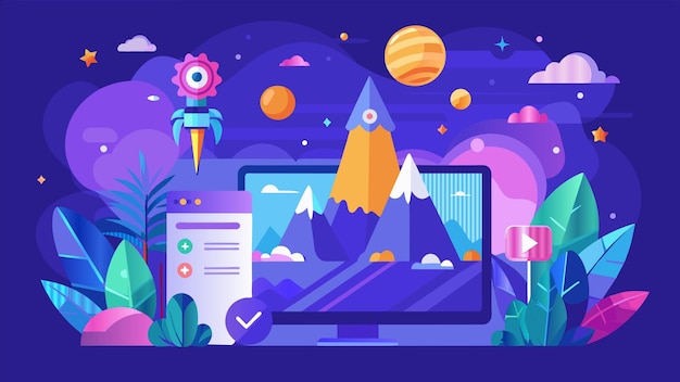 un cartel colorido con una montaña y una nave espacial en él