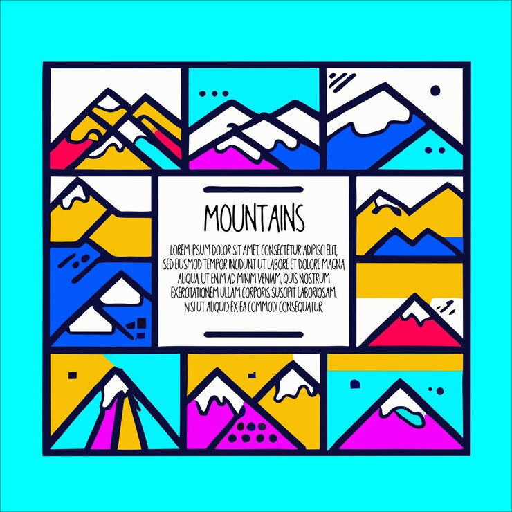 Un cartel colorido con montañas y la palabra montañas en él