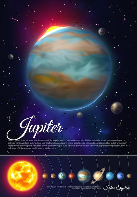 Un cartel colorido del planeta Júpiter con el sistema solar