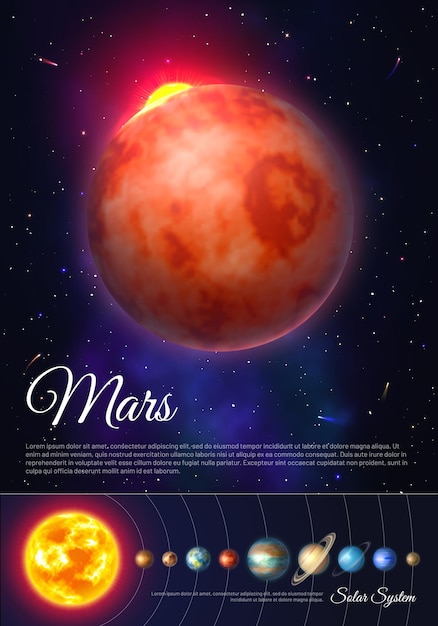 Cartel colorido del planeta Marte con sistema solar