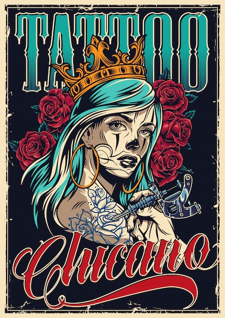 Vector cartel colorido del tatuaje de chicano vintage