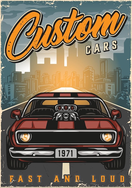 Vector cartel colorido vintage de coches americanos personalizados