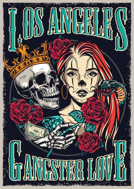 Cartel colorido vintage estilo tatuaje chicano