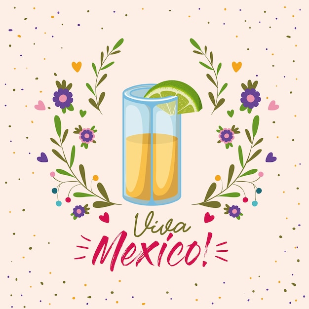 Cartel colorido de Viva México con cristal de tequila