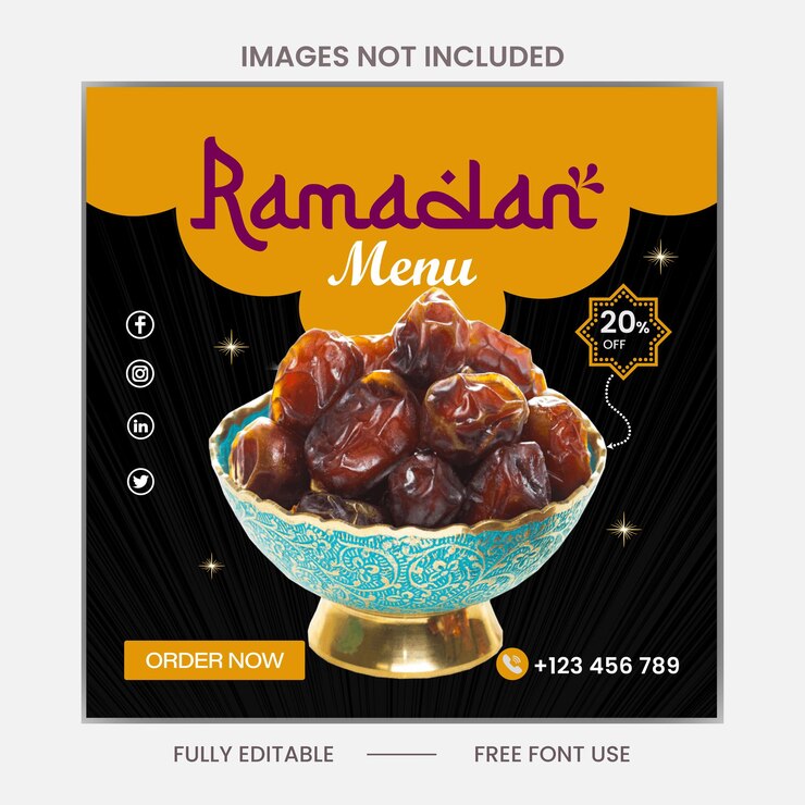 Un cartel combinado de color negro y dorado que dice menú especial de fechas de Ramadán