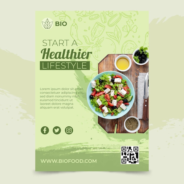 Cartel de comida bio y saludable.