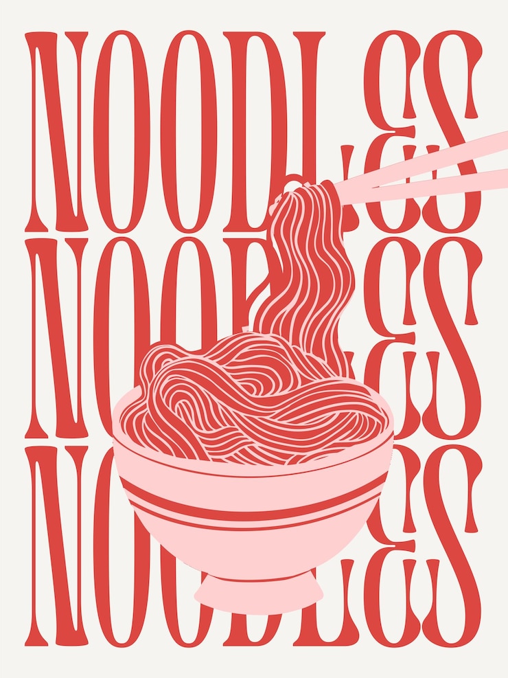 Vector el cartel de comida de los fideos de la nostalgia tipográfica ilustrada en rojo