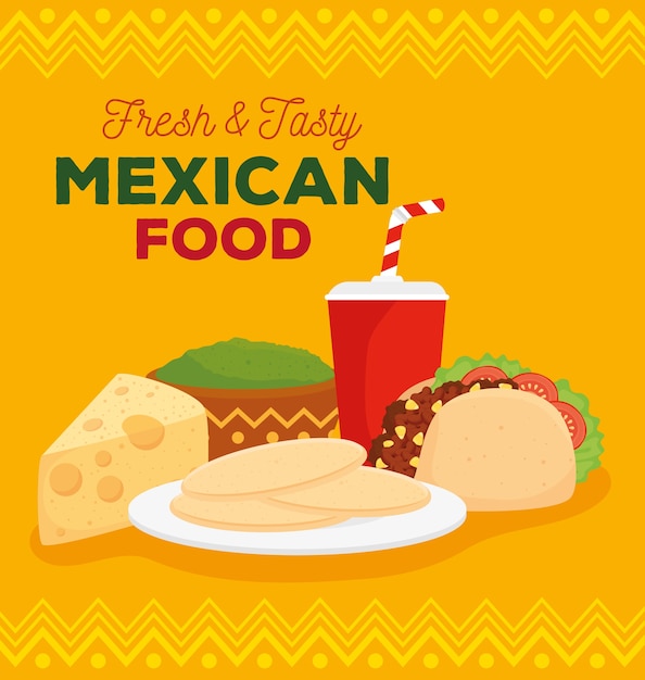 Cartel de comida mexicana fresca y sabrosa con tacos y deliciosos ingredientes