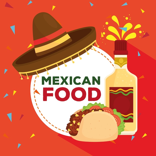 Cartel de comida mexicana con sombrero, botella de tequila y taco.