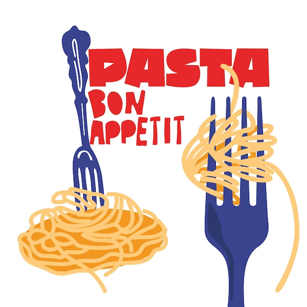 Cartel de comida vector moderno platos italianos y cartel de macarrones con tenedor con espagueti