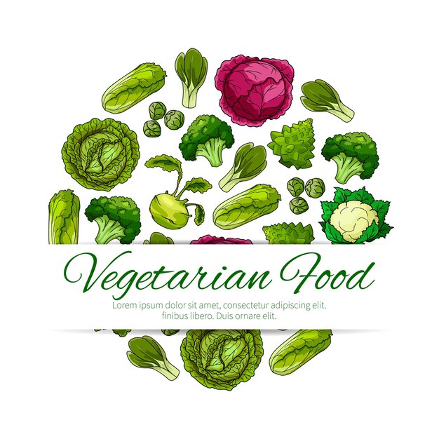 Vector cartel de comida vegetariana con vegetales verdes.