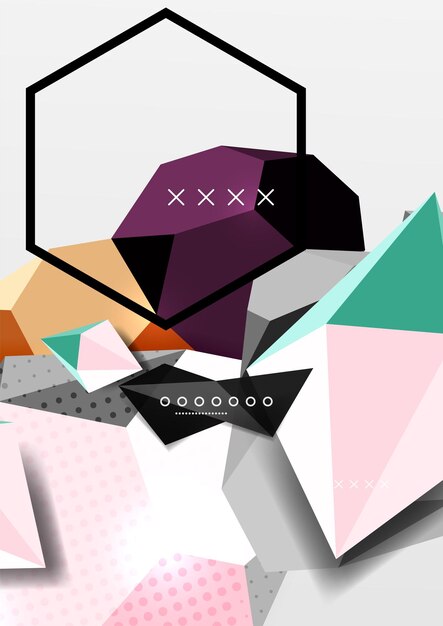 Cartel de composición geométrica en 3D en color Ilustración vectorial de triángulos coloridos pirámides hexágonos y otras formas sobre fondo gris