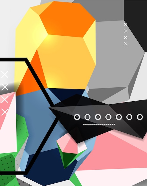 Cartel de composición geométrica en 3D en color Ilustración vectorial de triángulos coloridos pirámides hexágonos y otras formas sobre fondo gris