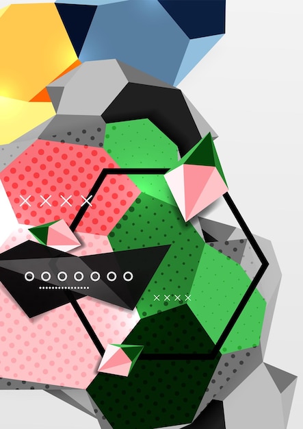 Cartel de composición geométrica en 3D en color Ilustración vectorial de triángulos coloridos pirámides hexágonos y otras formas sobre fondo gris