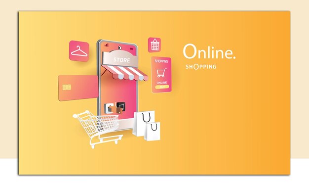 Vector un cartel para compras en línea con un teléfono rosa y un carrito de compras