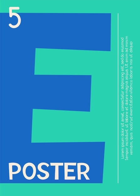 Cartel con concepto de alfabeto folleto y folleto letra azul E en fondo verde elemento gráfico para el sitio web tipografía y caligrafía ilustración vectorial plana de dibujos animados