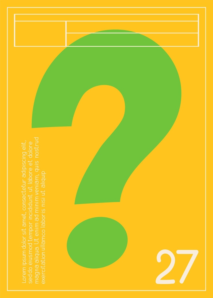 Vector cartel con concepto de alfabeto folleto y folleto signo de interrogación verde en fondo amarillo tipografía y caligrafía preguntas y conocimientos preguntas frecuentes ilustración de vector plano de dibujos animados